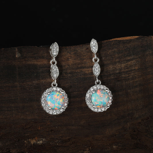 White Gold Round Opal Earrings